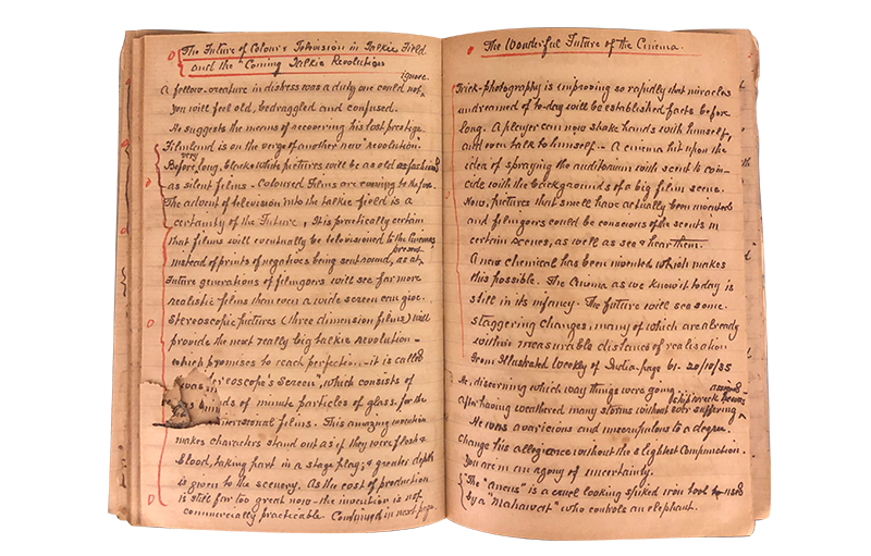 Tan Cheng Kee writes about “The Wonderful Future of the Cinema” on this right-hand page in his notebook. Image reproduced from Tan Cheng Kee, Tan Cheng Kee’s Notebooks (Singapore, n.p., 1912–38). (From National Library Singapore, Call no. RRARE 384.8092 TAN). All rights reserved, Peter Wee, Katong Antique House Collection, National Library Board, Singapore.